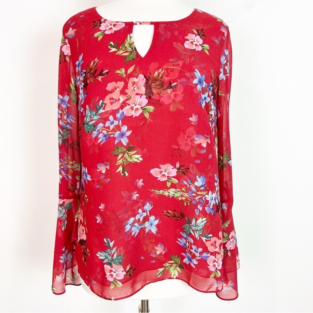 CABI RED FLORAL DEVOTED BLOUSE LONG BELL SLEEVE STYLE 3590 WOMENS SMALL